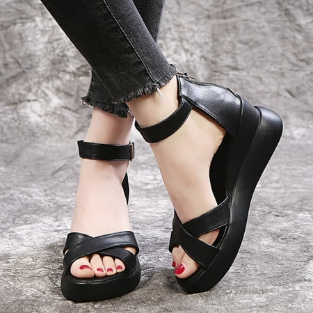 

Tangnade women shoes Women Solid Bohemian Peep Toe Wedges Thick Bottom Flatform Shoes Sandals Black 37