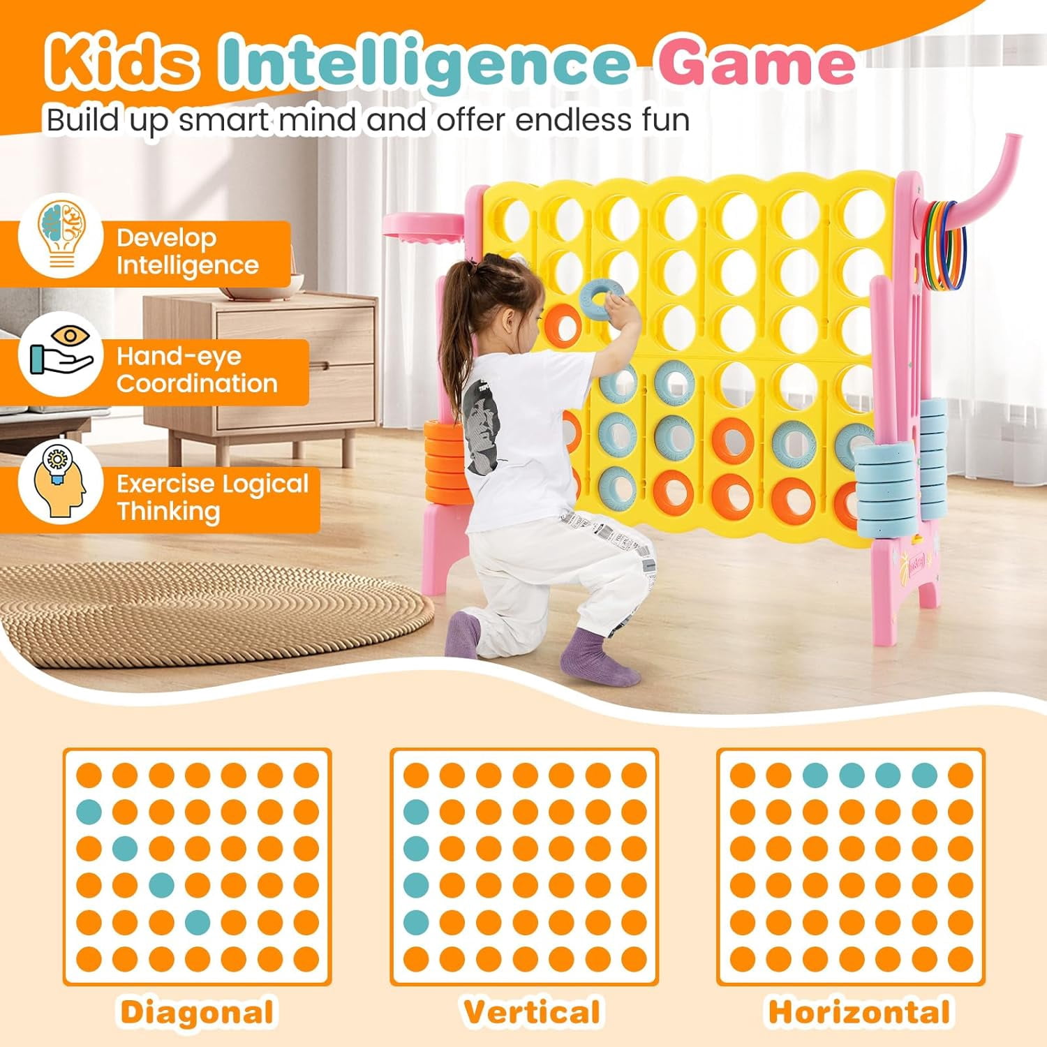 HJTER Jumbo 4-to-Score Giant Game Set for Kids & Adults, 2.5Ft Indoor Outdoor Game with Basketball Hoop, Ring Game, 42 Jumbo Rings, Quick-Release Slider, Perfect for Birth & Holiday Party