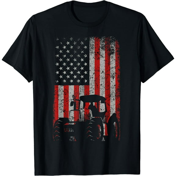 Retro American Flag Tractor Gift Men Women Tractor Farm T-Shirt Black Medium