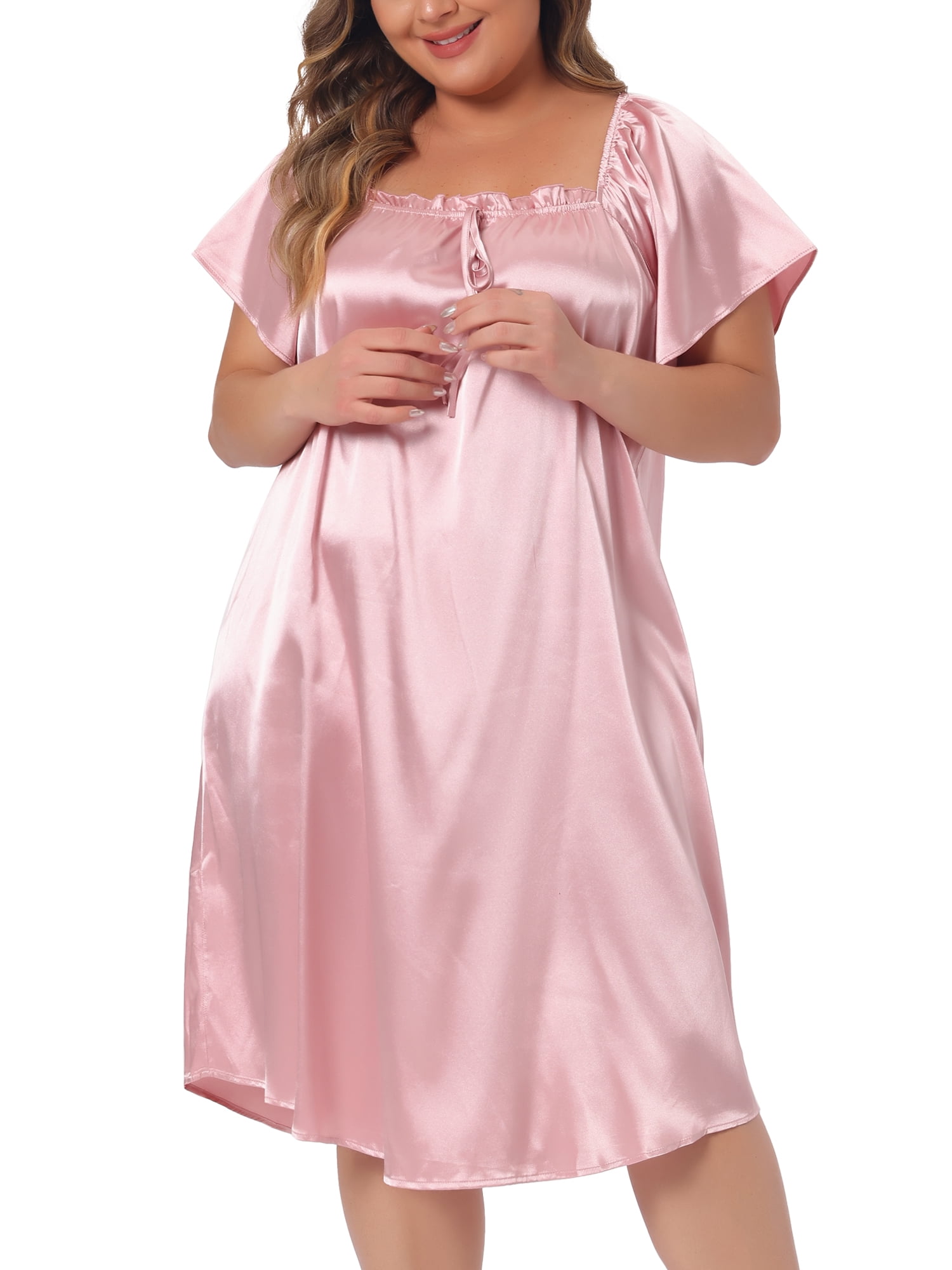 DARING DIVA Women's Plus Size Satin Silk Pleated Loose Nightgown 3X Pink