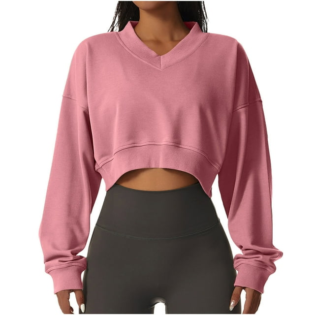 Timegard Cropped Sweatshirt for Women V Neck Workout Athletic Pullover Tops Casual Solid Color Tops