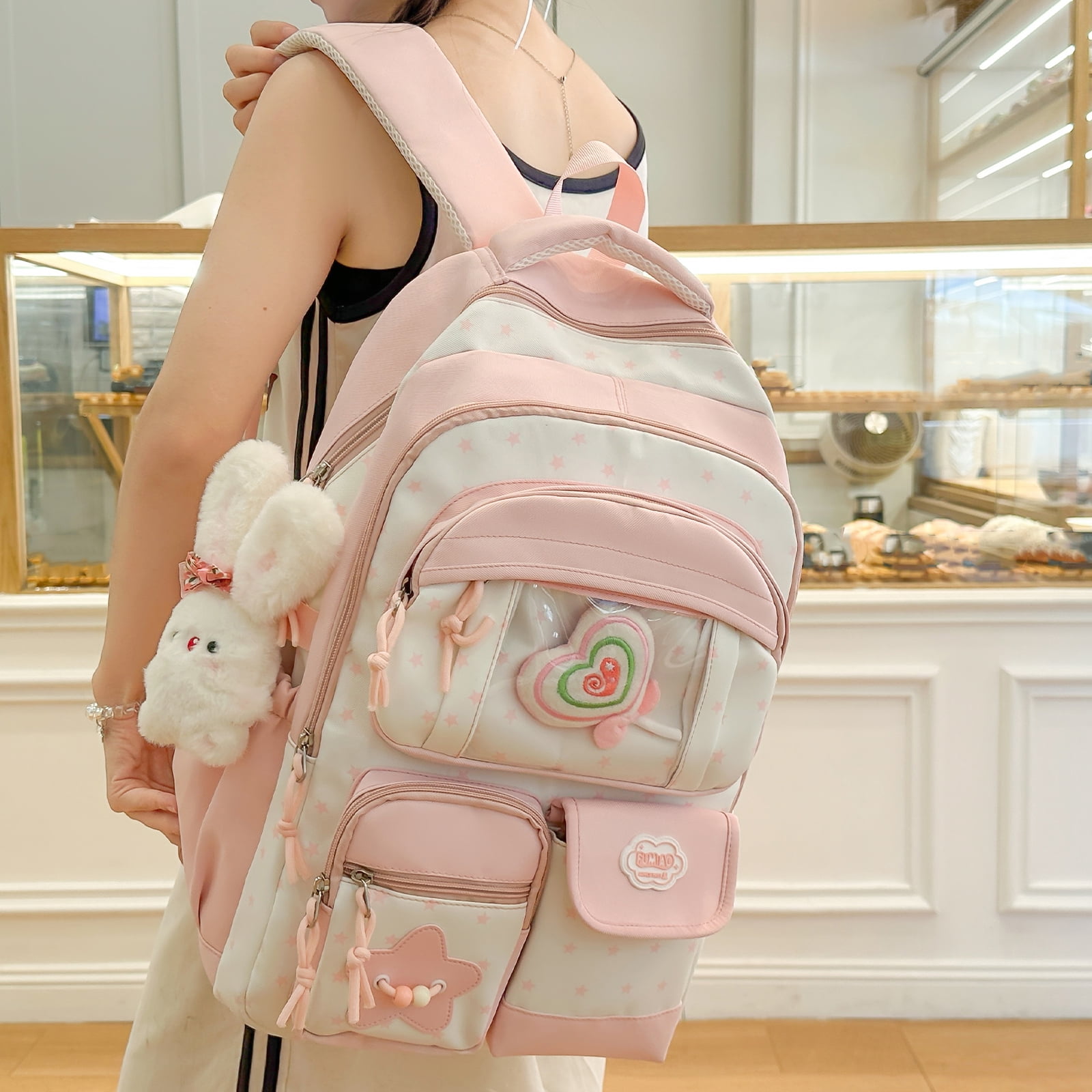 HUISZJ Multi-Pockets School Backpack, Large Capacity School Bag, Floral Print Backpack for Students College Travel, Pink