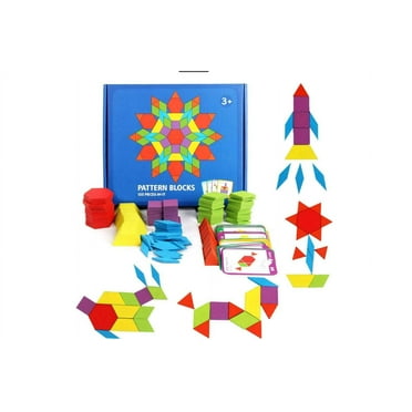 155 Pcs Wooden Pattern Blocks Set Geometric Shape Puzzle Kindergarten Classic Educational Montessori Tangram Toys for Kids Ages 4-8 with 24 Pcs Design Cards