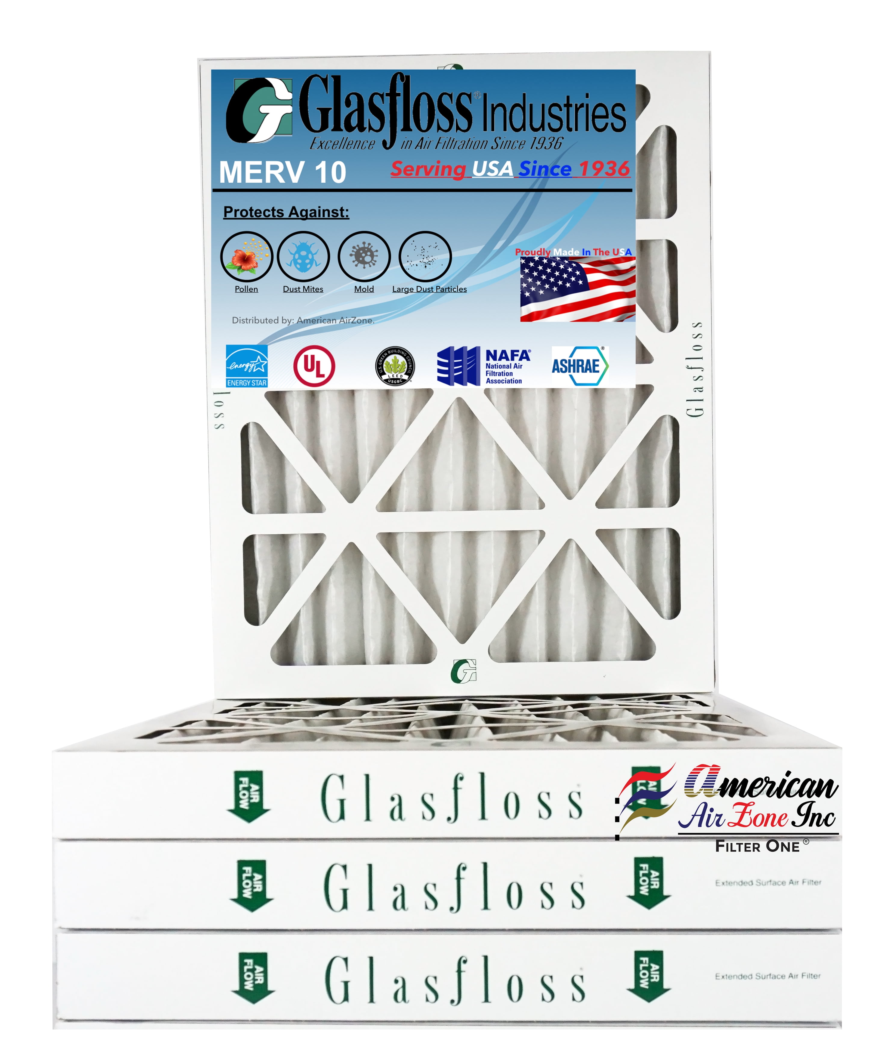 Glasfloss Air Filter 16x20x2 2" MERV 10 (Pack of 4) Pleated AC or