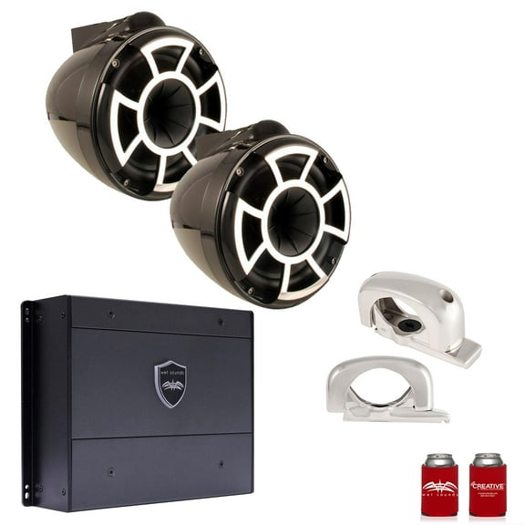 Wet Sounds REV8B-FC 8" Black Tower Speakers with Stainless Steel Fixed Clamps & SYN-DX2 750 Watt Amplifier