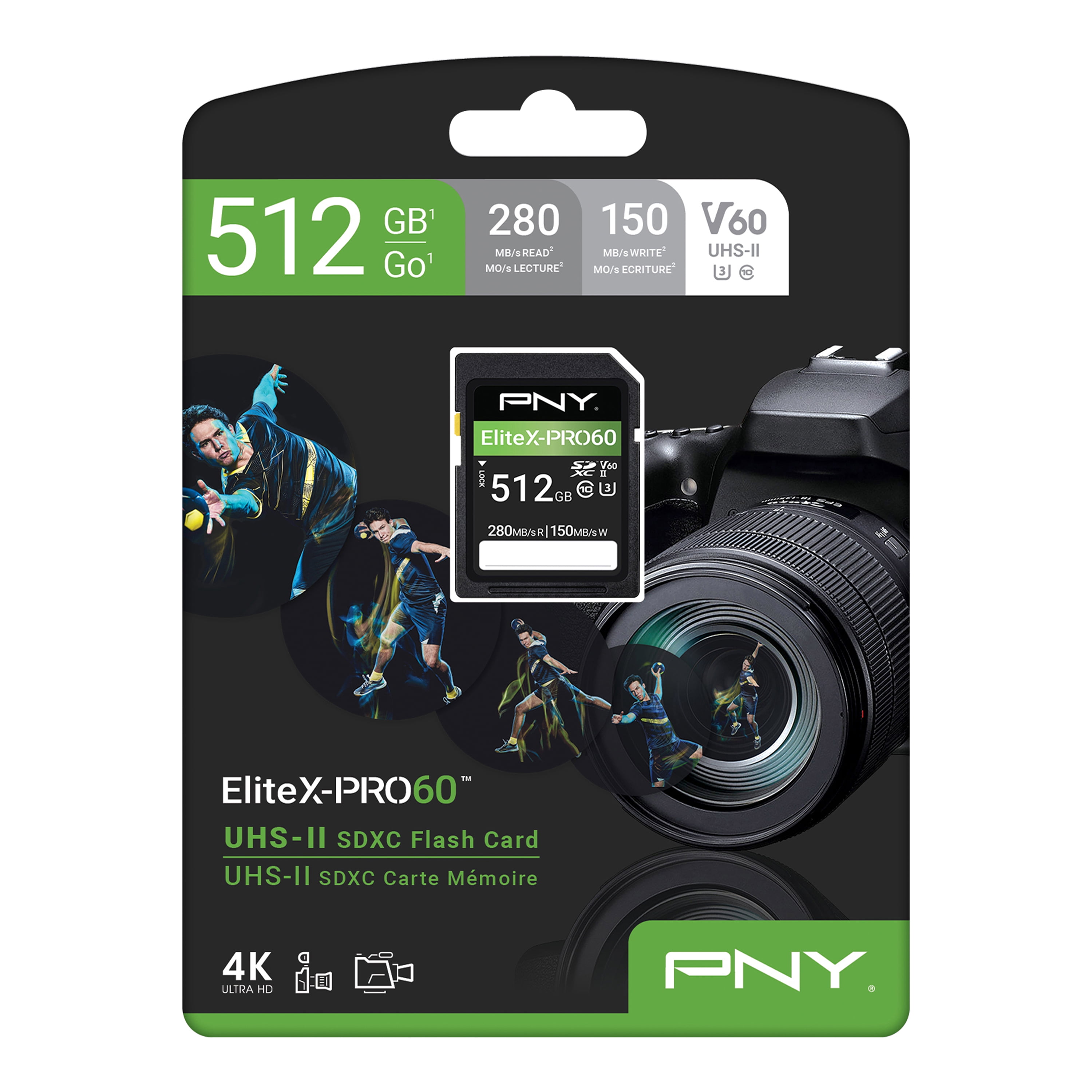 PNY 512GB EliteX-PRO60 Class 10 U3 V60 UHS-II SD Flash Memory Card