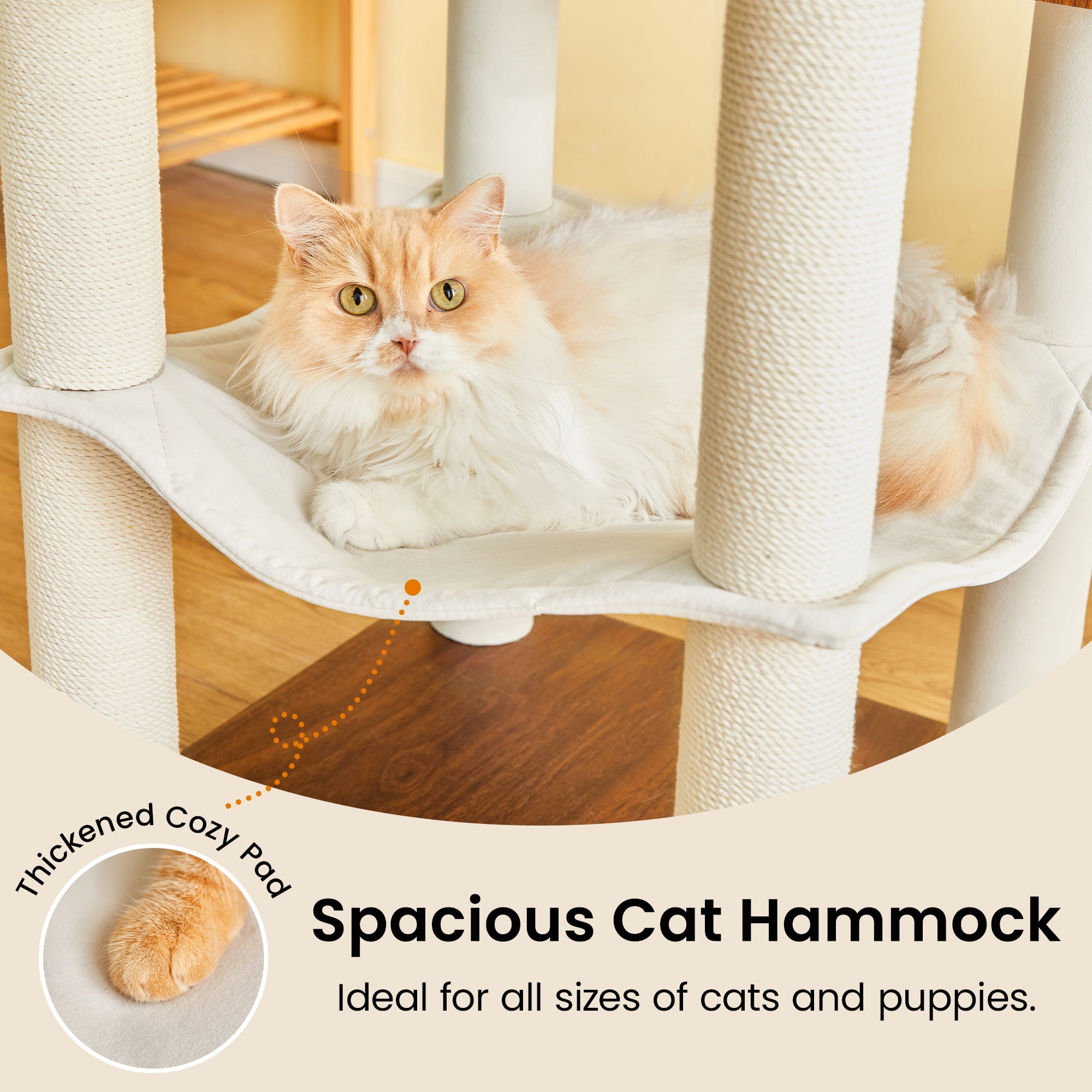 MWPO Modern Cat Tree - 64 inch Cat Tower for Indoor Cats, Multi-Level Cat Condo with 7 Fully Wrapped Scratching Posts, 2 Perches, Hammock, Removable Pad & Dangling Balls-Walnut Brown