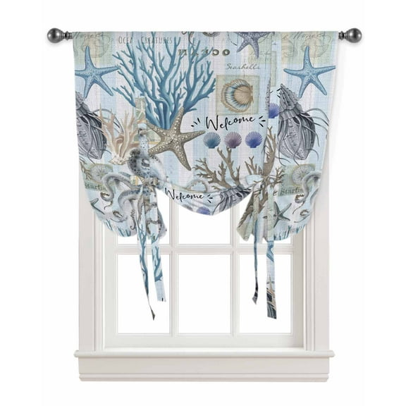 Blue Coastal Tie Up Curtains for Kitchen Bathroom Bedroom Windows 45 Inch Length, Nautical Coral Starfish Beach Summer Balloon Drape Curtains Shade Rod Pocket Drapery Curtain Panel, 34"x45"