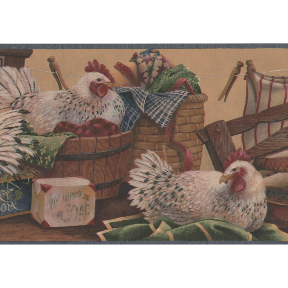 Wallpaper Border White Hens in Laundry Room Drying Line Beige Wall