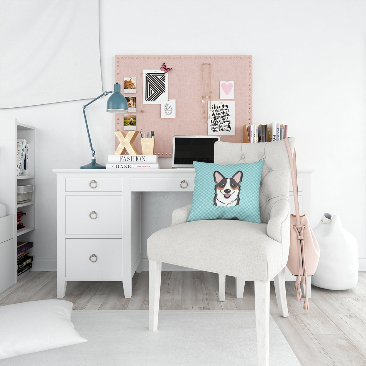 Checkerboard Blue Corgi Fabric Decorative Pillow