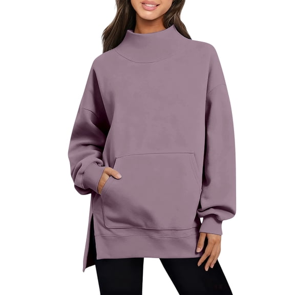 Women's Oversized Sweatshirt Side Slit Turtleneck Cuffed Long Sleeve Solid Pullover Tunic Top with Pockets Purple S