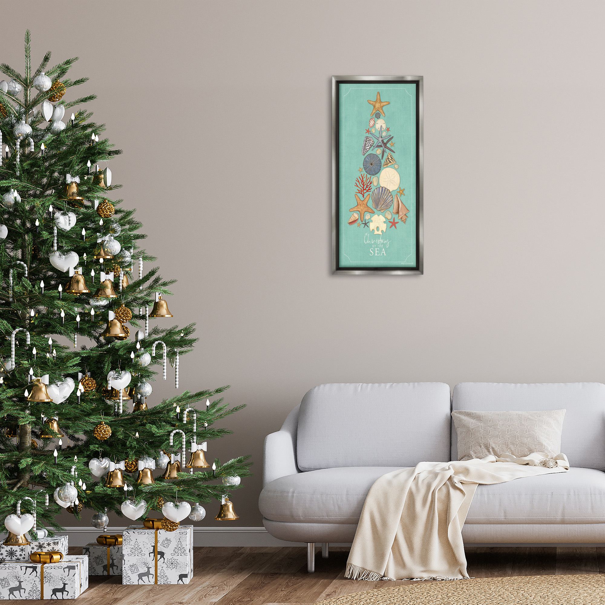 Stupell Industries Seashell Holiday Tree Holiday Painting Gray Floater Framed Canvas Art Print Wall Art, 15 x 31
