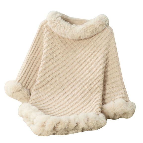 Fartey Women's Winter Faux Fur Cape Poncho Asymmetrical Chunky Knit Shawl Wrap Coat Oversized Striped Pullover Tops Fashion Warm Soft Cloak