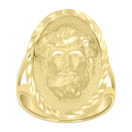 10k Yellow Gold Mens Oval Jesus Religious Ring
