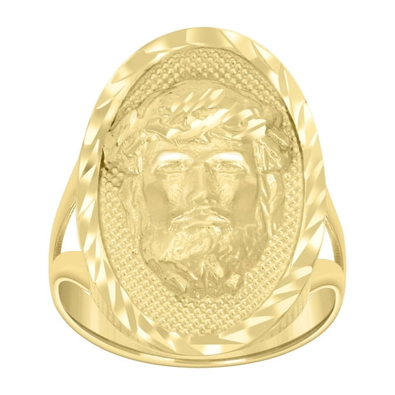 10k Yellow Gold Mens Oval Jesus Religious Ring