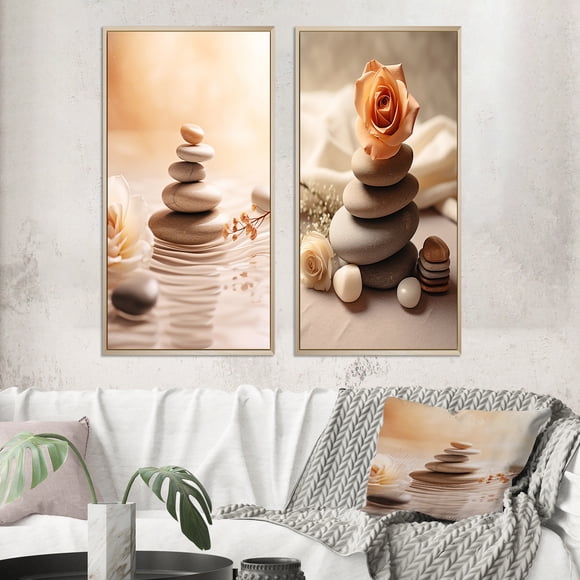 Designart "Spa Serenity Delicate Balance with Zen Stones" Spiritual Stone Framed Wall Art Set Of 2 - Traditional White Frame Gallery Set For Office Decor