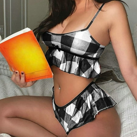 

Women Print Sleeveless Ruffles Bowknot Design Cami Shorts Lingerie Sleepwear Set 19A