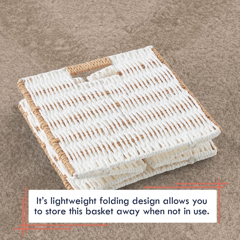Ornavo Home Wicker Storage Cubes Bin, 13 x 13 Inch Storage Cubes Shelf Basket Collapsible Natural Hand Woven Paper Kallax Storage Cube Bin with Handles - Set of 6, White/Brown