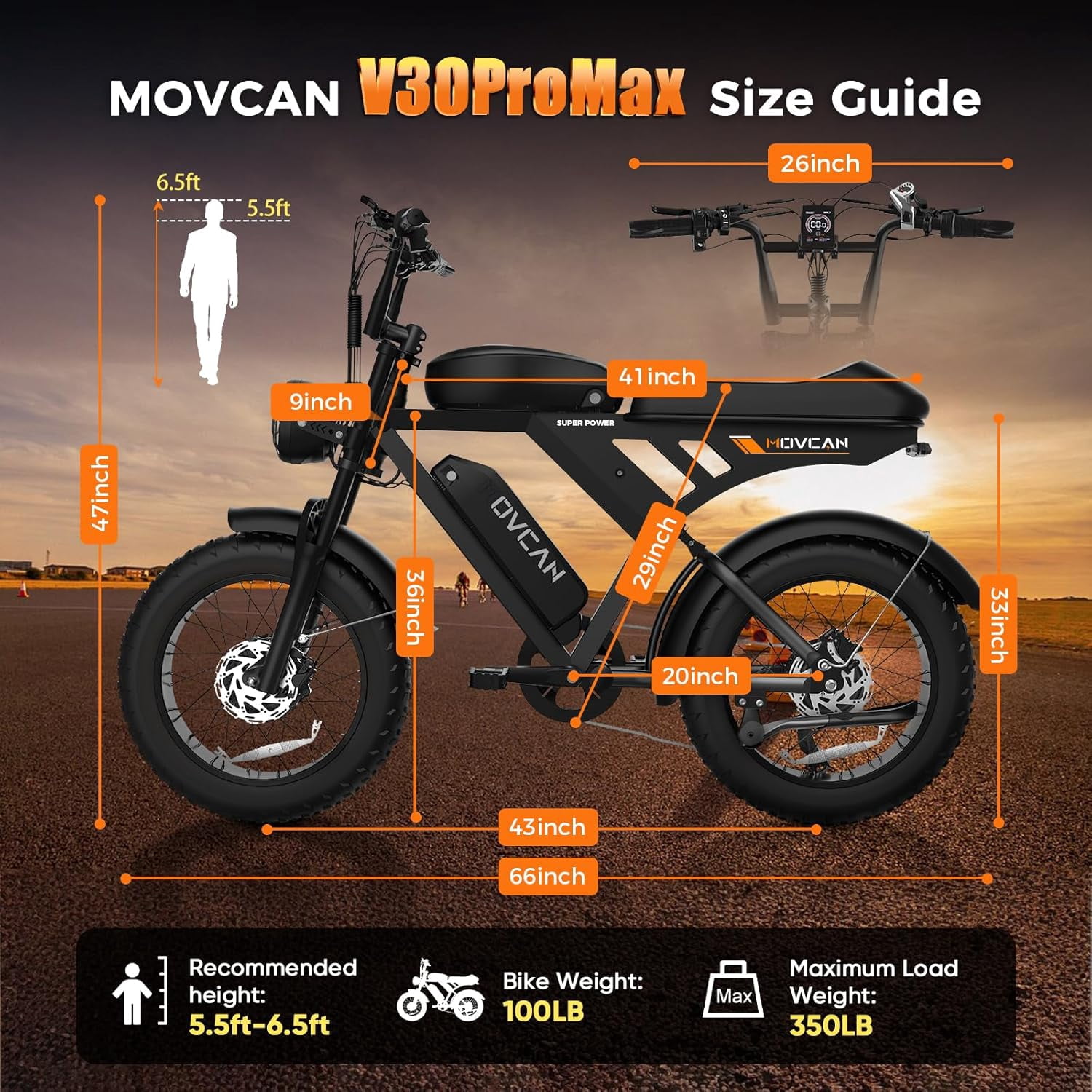 MOVCAN V30 Pro Max Electric Bike for Adults, 3000W(Peak) Motor, 20" Fat Tire Ebike, 37.5MPH 100 Miles, 48V 31.2Ah Dual Battery Motorcycle Ebike for Off-roading