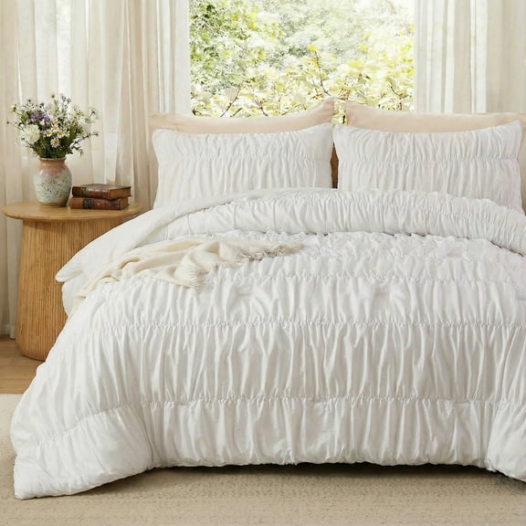 100% Cotton White Wrinkle Duvet Cover Set,Ruched Bedding Comforter Cover,Shabby Chic Ruffled 3 Pcs Queen Duvet Cover Set,Bohemian Boho Bedding Set 1 Duvet Cover 2 Pillowcases