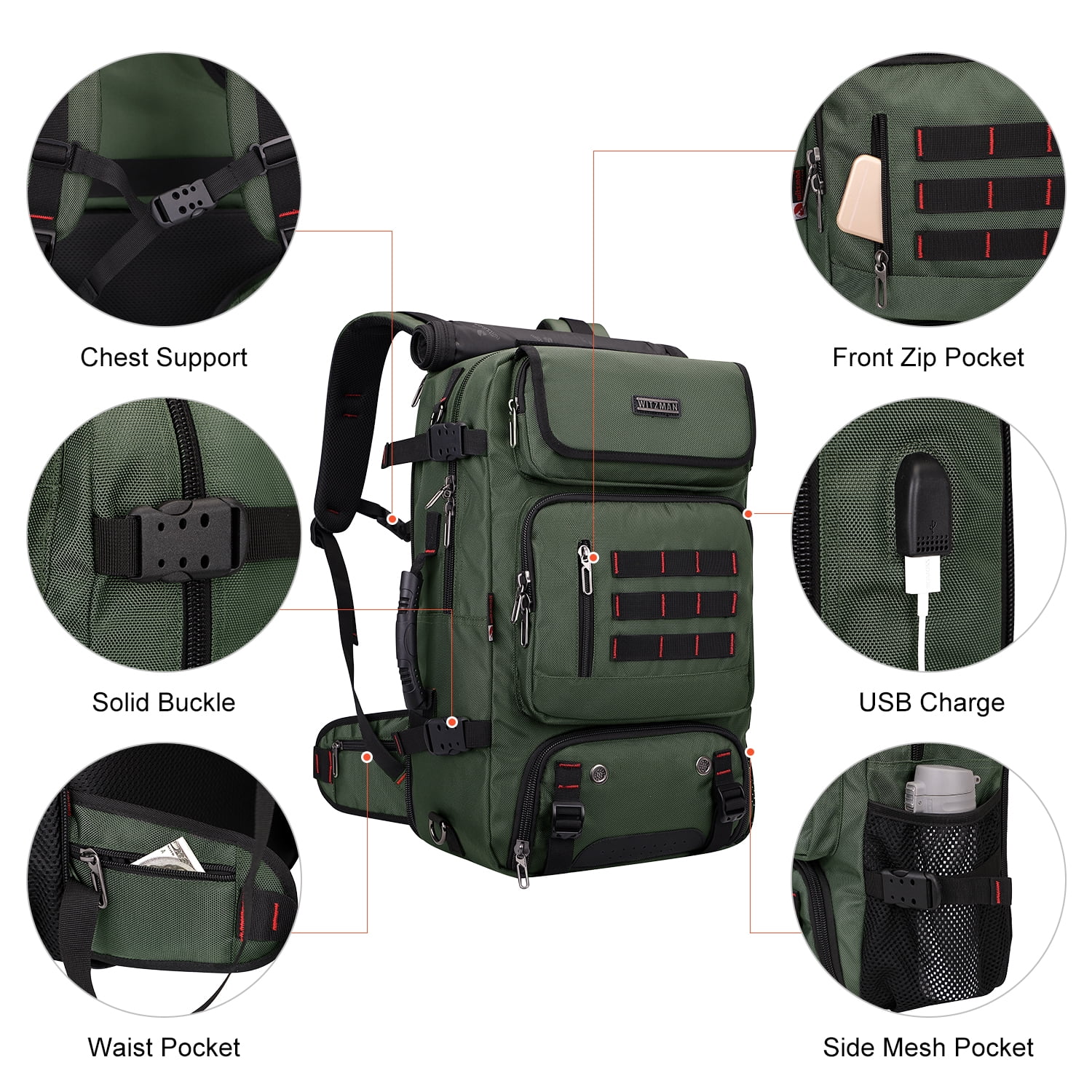 WITZMAN Carry on Travel Backpack for Men Airline Approved Convertible Nylon Duffle Backpack Luggage Bag(B682 Army Green)