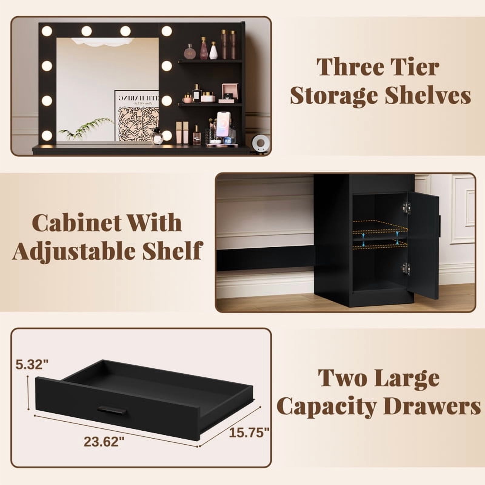 Homall Makeup Vanity Table with Lights, Mirror, Storage Cabinet, and Power Outlet for Bedroom and Dressing Room, Black