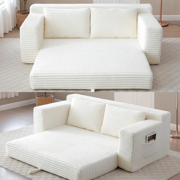 Howcool 73" Convertible Sofa Bed, Foldable Floor Couch, Boneless Foam Sleeper Sofa with Pull-Out Design, Corduroy Lazy Couch, No Assembly, Space Saving for Apartment Dorm Living Room, Beige