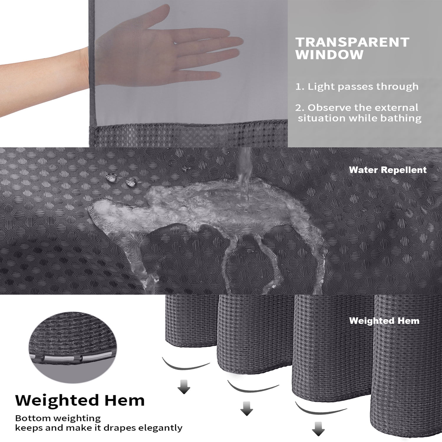 Waffle Weave Shower Curtain with Snap in Fabric Liner, No Hook Shower Curtain with Snap-in Liner, DawnJoanHD Dark Grey Heavyweight Fabric Shower Curtain with See Through Top Window, 72"X75"