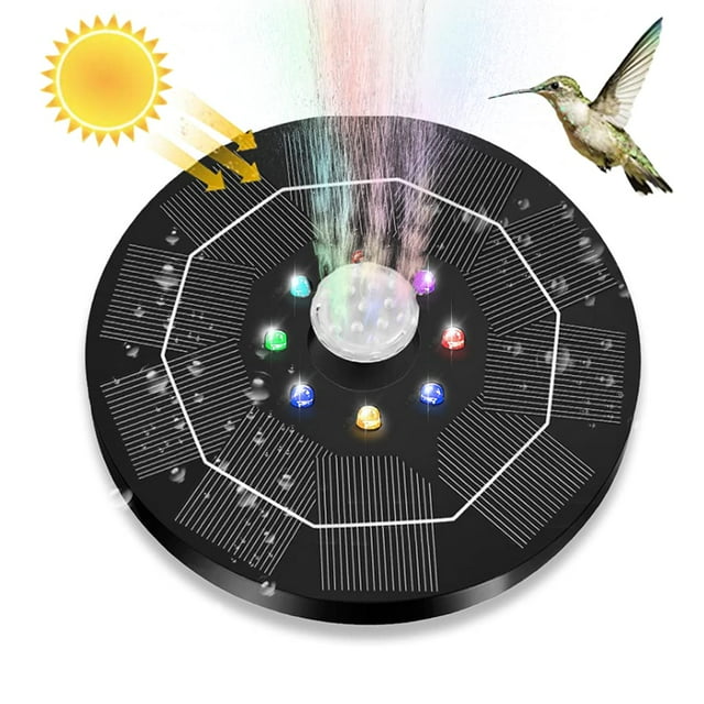 Fuente solar, fuente de baño para pájaros con energía solar de 3,5 W con luces LED de colores, bomba de fuente para exteriores