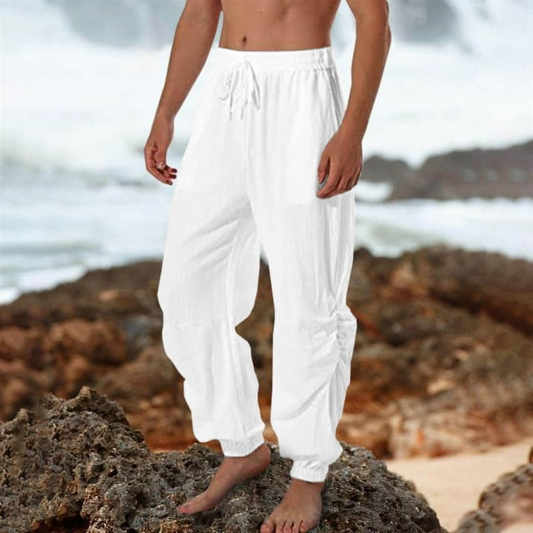 LEEy-world Men'S Pants Men's Cotton Linen Beach Pants Loose Casual  Drawstring Wasit Slacks with Pocket White,M 