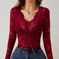 thumbnail image 5 of Royisotas Wine Women's Tops Casual Lace Splicing Long Sleeve Fall and Winter Women Blouses and Shirts Fashion V-Neck Skinny T-Shirt, 5 of 7