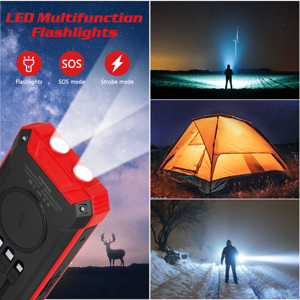 Portable Wireless Solar Power Bank Fast Charger With SOS LED Light Survival  Tool