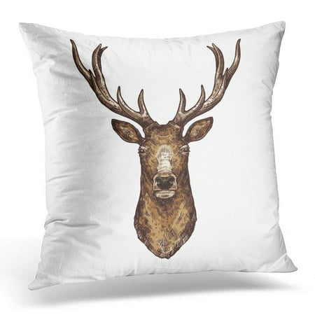 ECCOT Deer Sketch of Wild Forest Brown Elk Reindeer Head with Large Antlers for Hunting Sport Emblem Zoo Pillowcase Pillow Cover Cushion Case 20x20