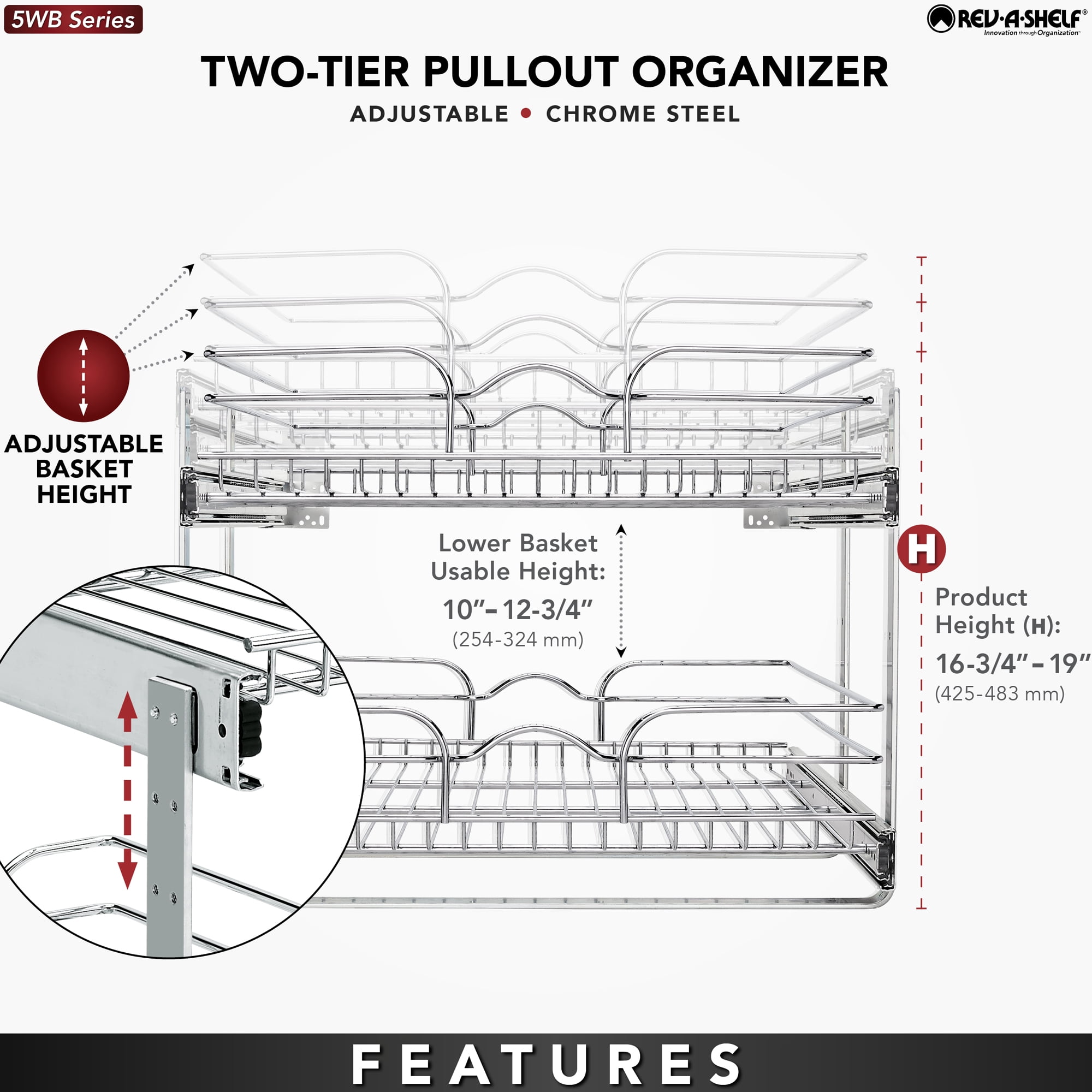 Rev-A-Shelf 5WB2-2122CR-1 21x22in 2-Tier Wire Pullout Cabinet Drawer Basket