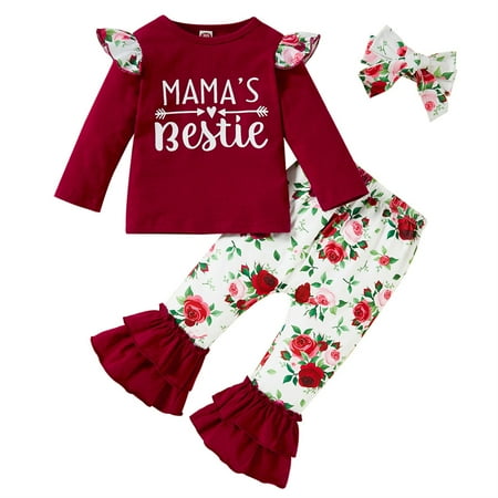 

MAMOWEAR Toddler Baby Girl Clothes Mama s bestie Flying Sleeve Top+Floral Flare Pants+Headband 3Pcs Kids Outfits