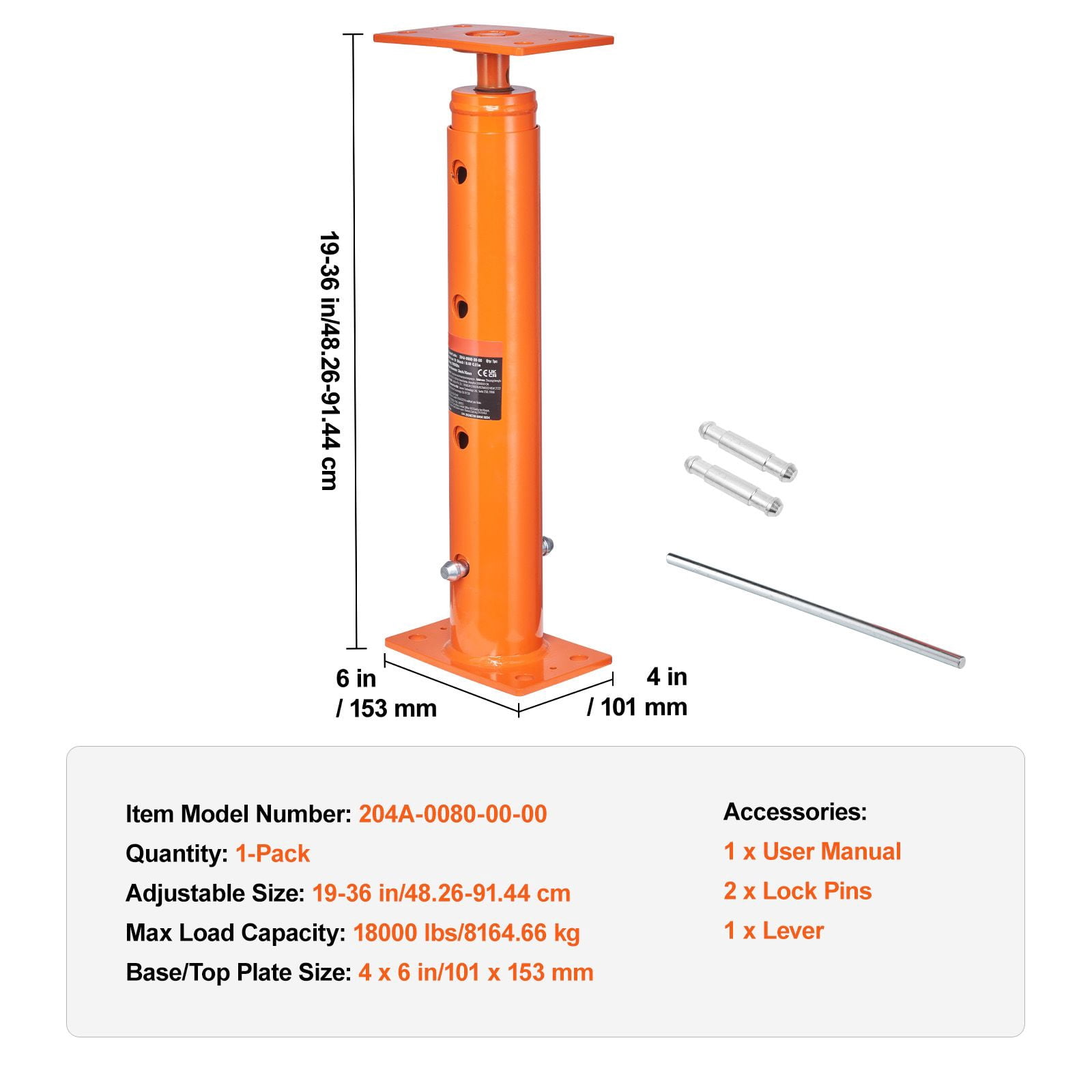 House Floor Jack,19"-36"Height Range,18000 lbs Max Load Capacity,Adjustable Support Beam Basement Jack Post Pole for Leveling,Lift Support Steel Telescoping Jack Post for Temporary Support