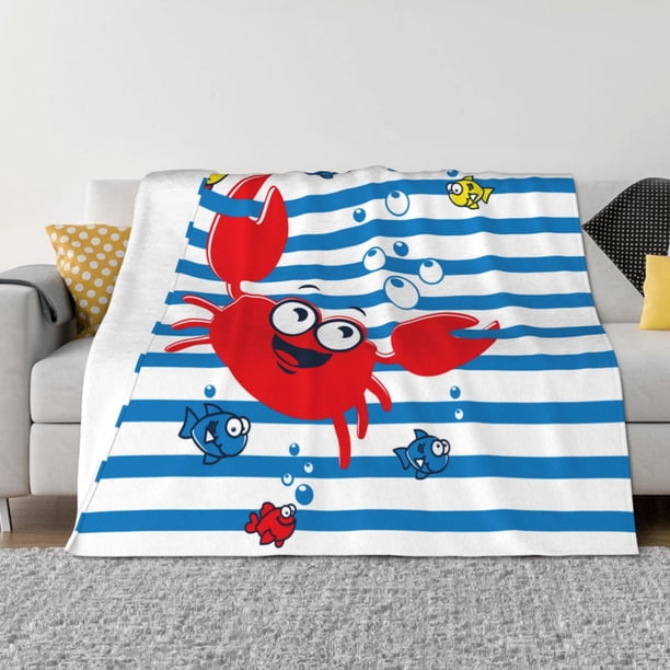 Balery Red Funny Crab on Blue Stripe Manta de Franela con Dibujo, Lujo Ultra Suave y Cálido, Antipelusa y Resistente a las Arrugas para Cama, Sofá, Camping -60"x50"
