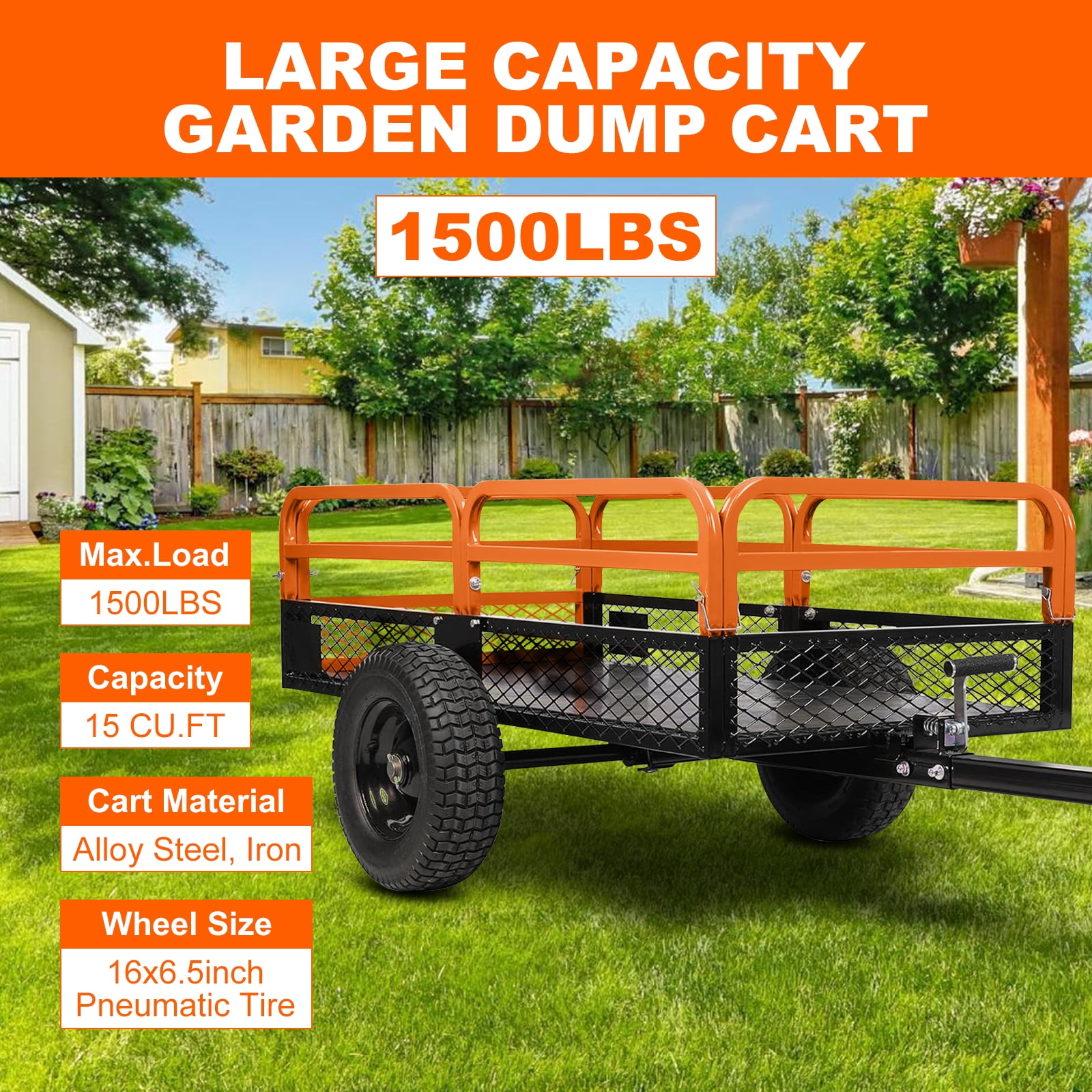 Heavy Duty ATV Trailer, Steel Tow Behind Dump Cart, 750 Lbs Garden Utility Carts with Removable Sides, 15 Cu.Ft. Utility Trailer for Lawn/Garden Mower, Tractor, ATV, UTV