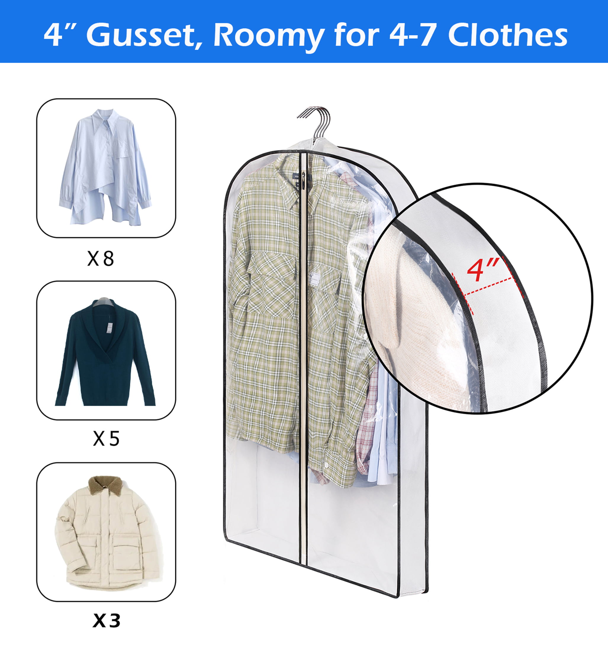 JuneHeart 4 PCS Garment Bags for Hanging Clothes, 40 Clear Plastic front  Suit Bags with Zipper and 4 Gusseted for Closet Storage Foldable Garment
