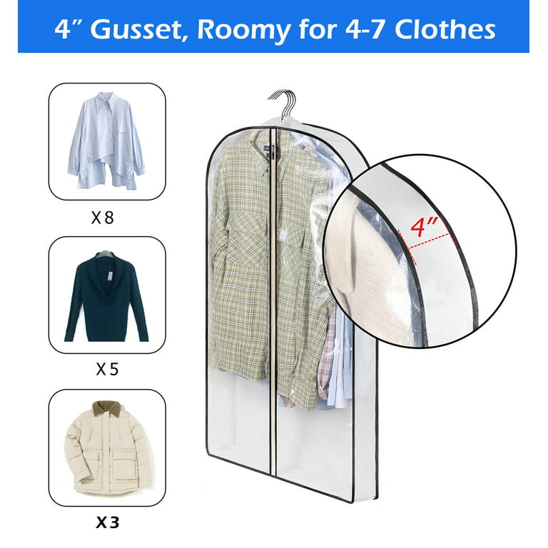 MISSLO 40 Gusseted Garment Bags for Closet Storage Travel Clear Suit Bags  Hanging Dress, Jacket, Coat, Clothes Cover, 5 Packs