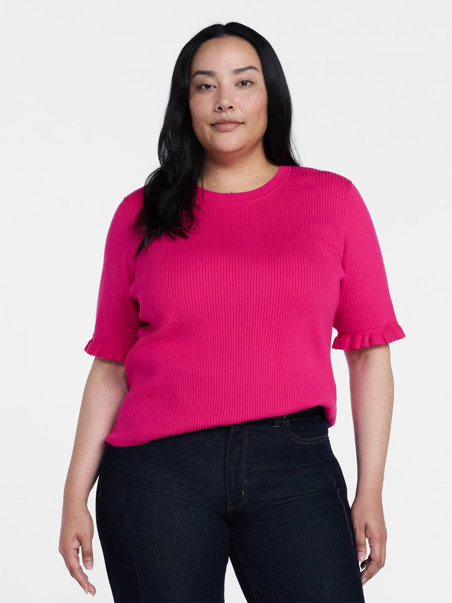 Time and Tru Women's Ribbed Sweater with Flounce Sleeves, Midweight, Sizes XS-XXXL