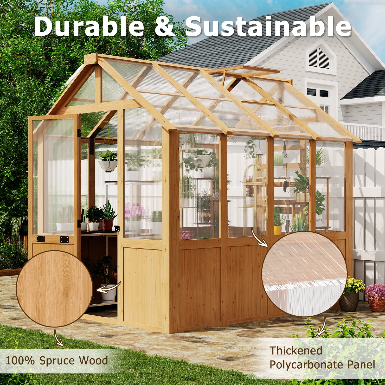 Erommy 6'x8' Outdoor Wooden Greenhouse, Walk-in Green House with Thickend PC Panel, Adjustable Windows, 12/16 Plant Hooks and Lockable Door for Garden,Backyard