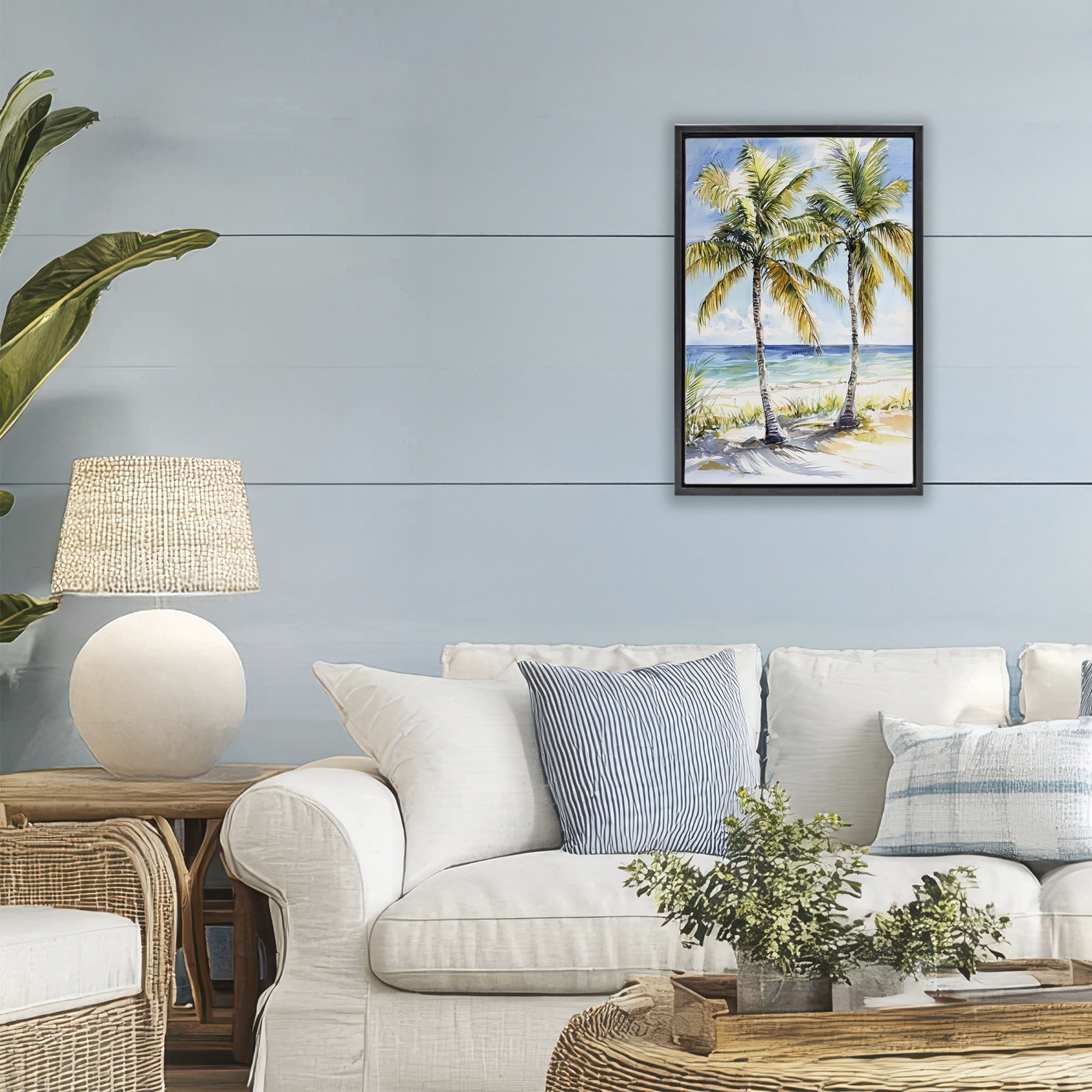 Stupell Industries Sandy Palms Duo Ocean View Black Framed Floater Canvas Wall Art, design by Petal Prints Design