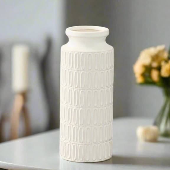 Ovelis Embossed Oval Ceramic Vase – Gloss White