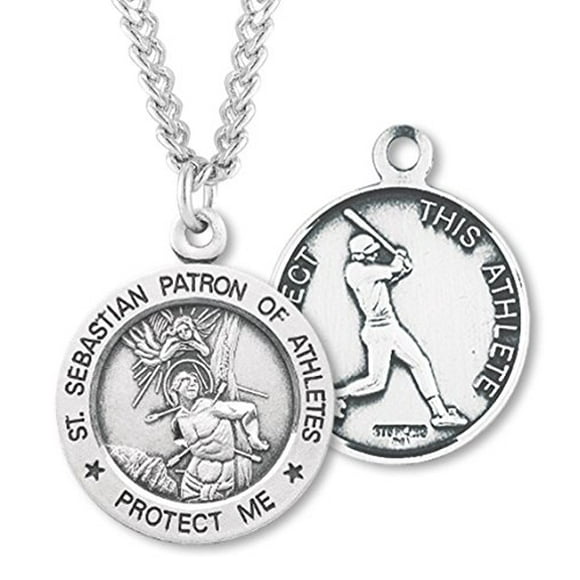 HMH Religieux Hommes en Argent Sterling Rond Saint Sebastian Baseball Médaille + 24 Pouces Chaîne Plaquée Rhodium Sans Fin