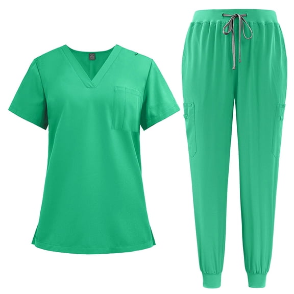 Women's V-Neck Scrubs Set with Jogger Pants - Stretchy Breathable Uniform Top & Comfortable Drawstring Pants with Pockets Turquoise XL