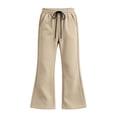 thumbnail image 2 of Girls Drawstring Elastic Waist Wide Leg Sweatpants, Solid Color Soft Stretch Kids Bell Bottom Jogger Trousers for Spring Autumn Daily Casual School Wear(Khaki,7-8 Years), 2 of 4