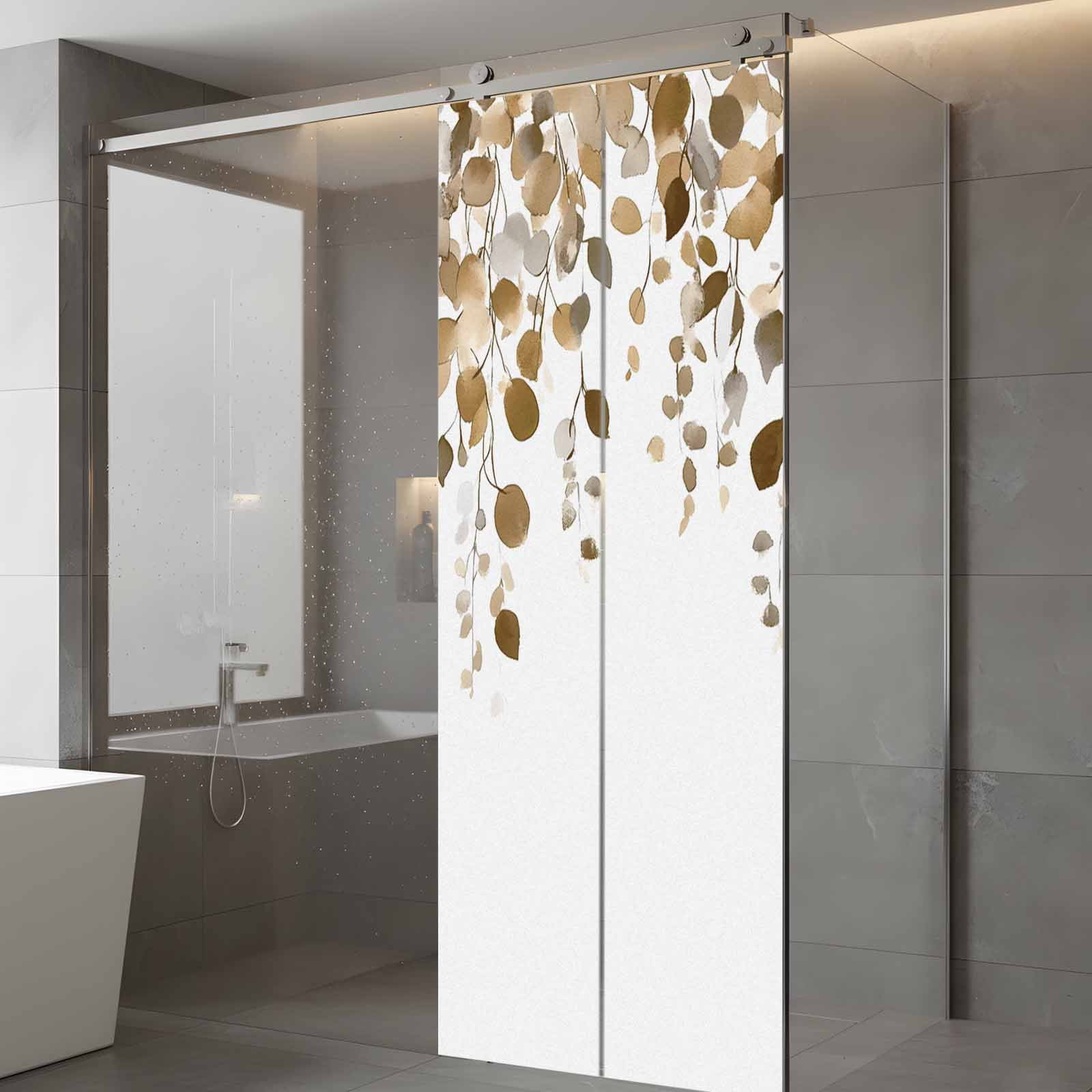 Brown Eucalyptus Leaves Window Privacy Film, Summer Watercolor Leaf Static Cling UV Sun Blocking Tint Film Heat Control Windows Films for Bedroom Bathroom, Window Stickers 23.6"x59"