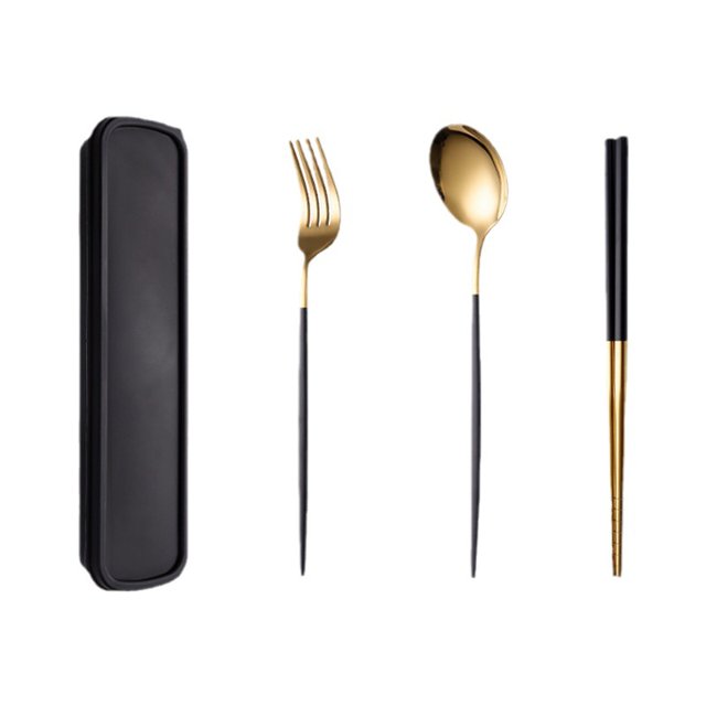 Ensemble de Vaisselle Portable en Acier Inoxydable 4 Pcs, Lavable au Lave-Vaisselle Réutilisable, Inclut Fourchette Cuillère Baguettes avec Boîte (Noir Doré)