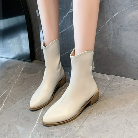 

ERTUTUYI Fashion Autumn Women Ankle Boots Low Heel Thick Heel Pointed Toe Solid Color Back Zipper Comfortable Casual Beige 39